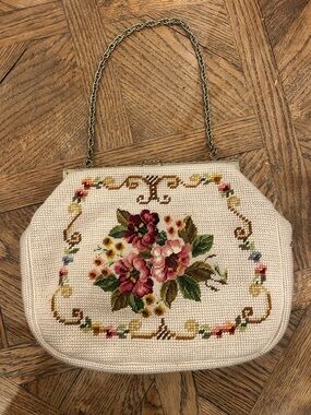 Vintage Maud Hundley Cream Floral Needlepoint Evening Clutch with Gold Chain